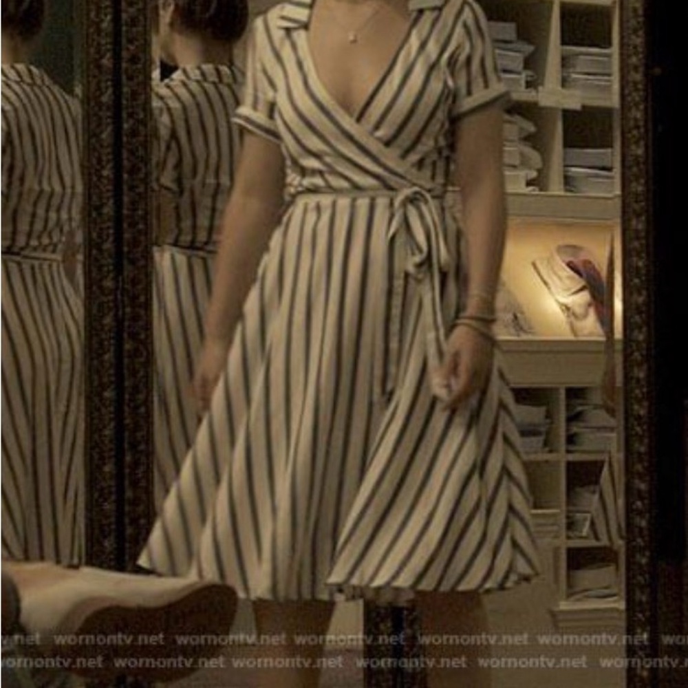 Madelyn Cline Striped Wrap Midi Dress - Ivory & Navy